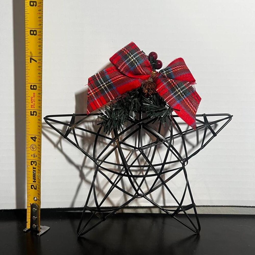 Rustic Black Metal Wire Geometric Star Ornament Tabletop Decor Tartan Plaid Bow